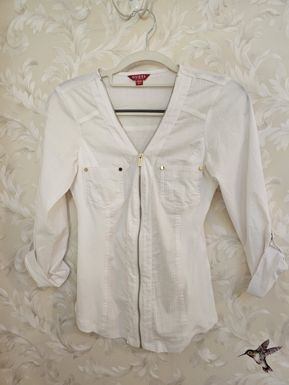 GUESS White Zip-Front Shirt with Gold Hardware